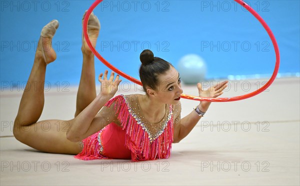 Emilia Heichel (POL), action, hoops, rhythmic gymnastics, RSG, Schmiden International 2024, Fellbach, Baden-Wuerttemberg, Germany, Europe