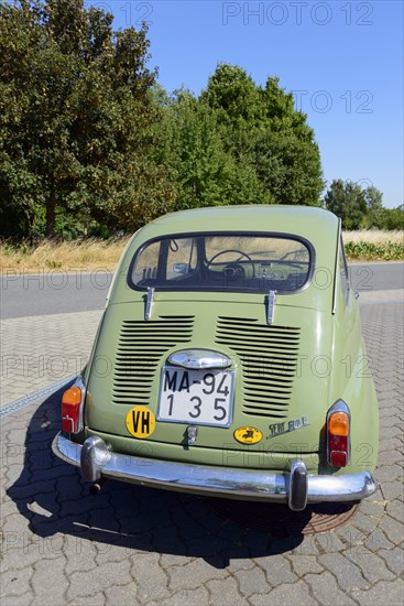 Rear view of a green vintage car on a sunny day on a road, Seat 600 E, Peine, Lower Saxony, Germany, Europe