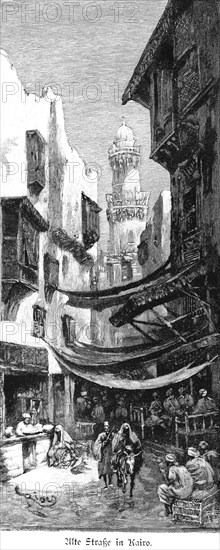 Old alleyway in Cairo, Egypt, alley, souk, bazaar, shops, trade, minaret, many people, Africa, historical illustration 1890, Africa
