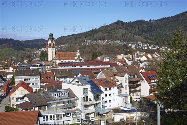 St Joseph's Catholic Church and view of Waldkirch, Emmendingen district, Baden-Wuerttemberg, Germany, Europe