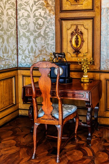 Interior in neo-renaissance, neo-baroque style, Miramare Castle with marvellous view of the Gulf of Trieste, 1870, residence of Maximilian of Austria, princely living culture in the second half of the 19th century, Friuli, Italy, Trieste, Friuli, Italy, Europe