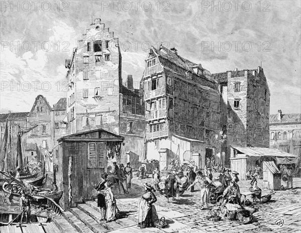 Market in Altona, Hamburg, trade, sale, huts, stall, half-timbered house, many people, baskets, woman, men, Elbe, bank, rowing boats, Germany, historical illustration 1880, Europe