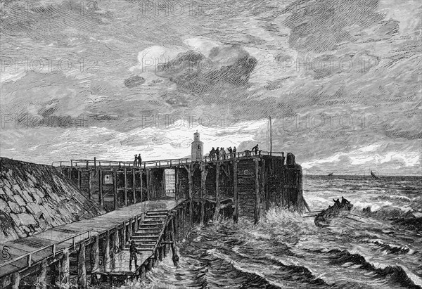 Die Alte Liebe in Cuxhaven, North Sea, pier, lighthouse, stairs, wind, waves, stone dam, people, Lower Saxony, Germany, historical illustration 1880, Europe
