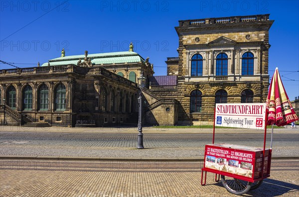 Ticket sales stand and stop for city tours on Sophienstrasse in front of the Dresden Zwinger, Inner Old Town, Dresden, Saxony, Germany, for editorial use only, Europe