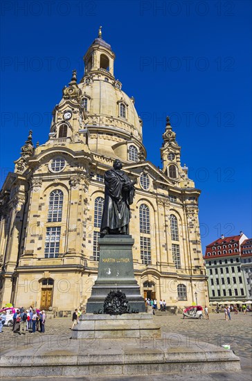 Statue of Doctor Martin Luther after Ernst Rietschel on the Neumarkt in front of the Church of Our Lady in Dresden, Saxony, Germany, Europe