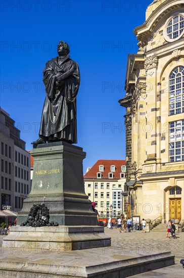 Statue of Doctor Martin Luther after Ernst Rietschel on the Neumarkt in front of the Church of Our Lady in Dresden, Saxony, Germany, Europe
