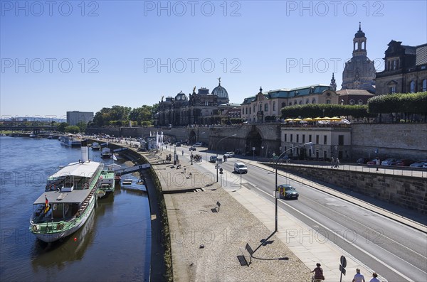 The passenger steamer DRESDEN at the landing stage on the Terrassenufer at the Bruehlsche Terrasse with the Church of Our Lady in the background, Inner Old Town, Dresden, Saxony, Germany, Europe