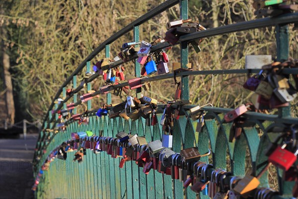 Love locks on the railing of a bridge, North Rhine-Westphalia, Germany, Europe