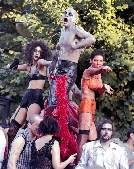 Techno fans celebrate during the Love Parade. Techno music fans celebrate the 9th Love Parade with more than one million visitors in Berlin on 12 July 1997 under the motto Let the sun shine to your heart