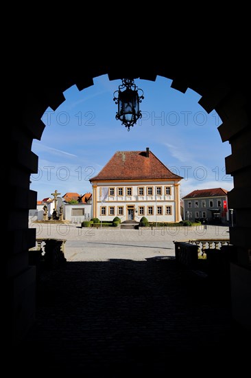 View of library through archway silhouette of castle, black, view through, battlements, Wiesentheid, Lower Franconia, Franconia, Bavaria, Germany, Europe