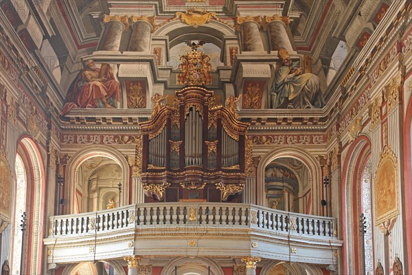 Organ and ceiling fresco by Giovanni Francesco Marchini 1729, Figures, Church Father, Church Fathers, left: Sophronius Eusebius Hieronymus, right: Bishop, Ambrose of Milan, baroque, interior view, mock architecture, mock painting, ceiling painting, arts and crafts, painting, Mauritius Church, Wiesentheid, Lower Franconia, Franconia, Bavaria, Germany, Europe