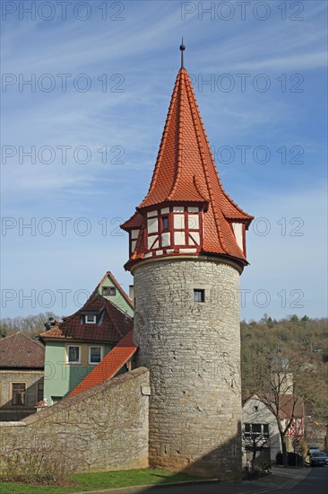 Flurersturm built in 1550 with town wall, town fortification, defence defence tower, Marktbreit, Lower Franconia, Franconia, Bavaria, Germany, Europe
