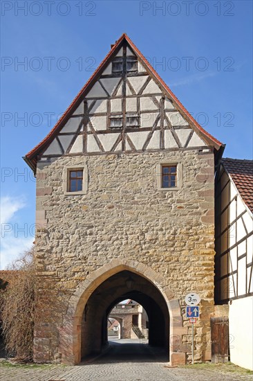 Historic Mainbernheim Gate as part of the town fortifications, town wall, gate tower, Iphofen, Lower Franconia, Franconia, Bavaria, Germany, Europe