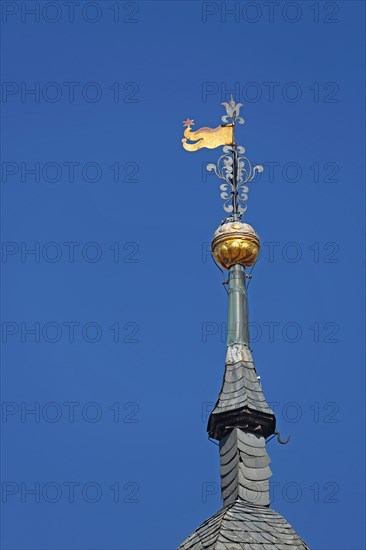Spire with golden weather vane from the baroque town hall, ridge turret, detail, market square, Iphofen, Lower Franconia, Franconia, Bavaria, Germany, Europe