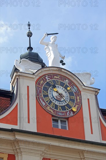 Pediment and clock with zodiac signs and Justitia with decorations on the baroque town hall, zodiac signs, market square, Bad Windsheim, Middle Franconia, Franconia, Bavaria, Germany, Europe