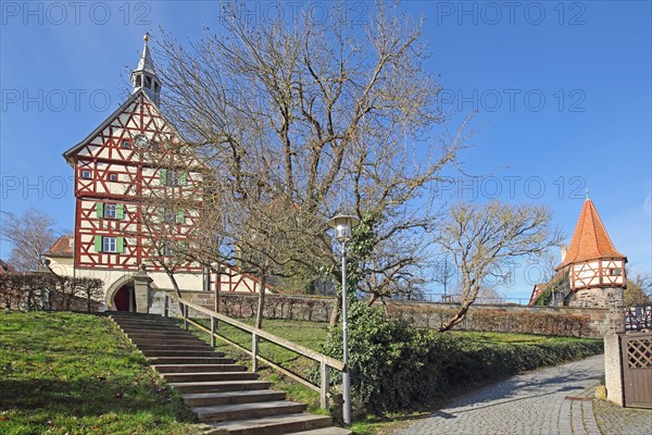 Historic gate tower built in 1535 and Seilerturm, gatehouse, half-timbered house, staircase, Burgbernheim, Middle Franconia, Franconia, Bavaria, Germany, Europe