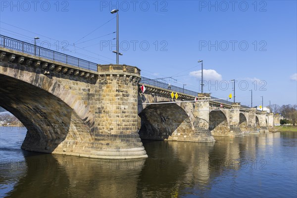 In Dresden, the Marienbruecke is the name given to two bridges over the River Elbe between Wilsdruffer Vorstadt and Innere Neustadt, Dresden, Saxony, Germany, located directly next to each other, Europe