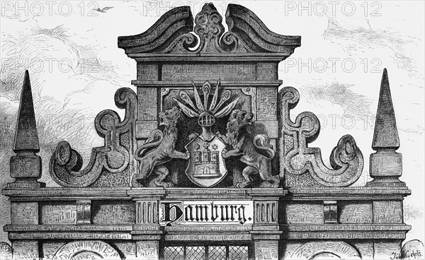 Hanseatic city of Hamburg, symbols, emblem, coat of arms, castle, lions, ornamentation, Germany, historical illustration 1880, Europe