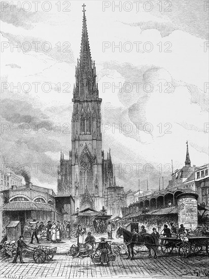 Hop market with St Nikolai church, weekly market market, hackney carriage, carts, many people, stalls, advertising pillar. Church tower, Hanseatic city of Hamburg, Germany, historical illustration 1880, Europe