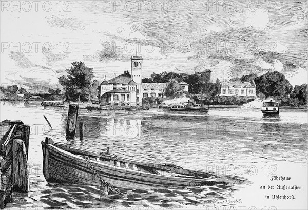 Excursion boats on the Aussenalster in Uhlenhorst, pleasure, leisure, jetty, rowing boat, building, Free and Hanseatic City of Hamburg, Germany, historical illustration 1880, Europe