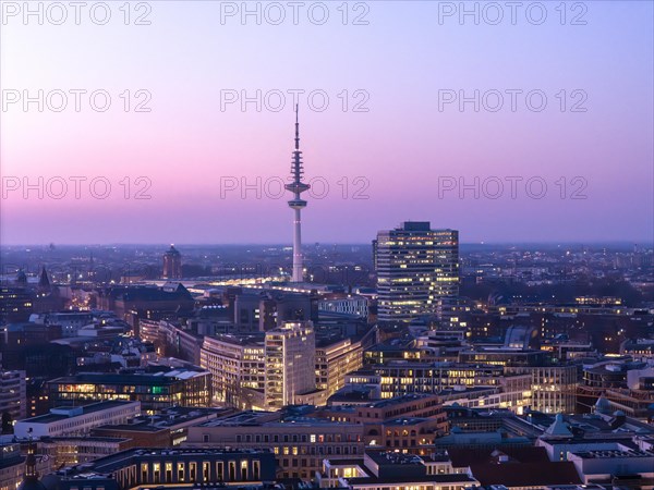 Aerial view at blue hour Heinrich Hertz television tower with exhibition centre, Hamburg, Germany, Europe