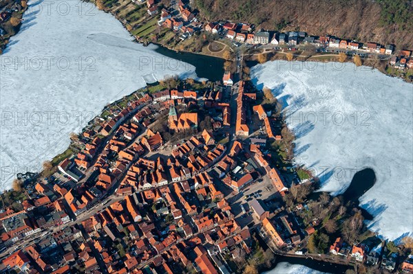 Aerial view, old town, Eulenspiegelstadt, Schulsee, ice, winter, Moelln, Schleswig-Holstein, Germany, Europe