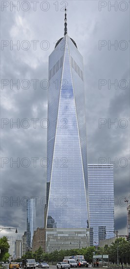 Skyscraper One World Trade Center or Freedom Tower under a grey sky, Ground Zero, Lower Manhattan, New York City, New York, USA, North America