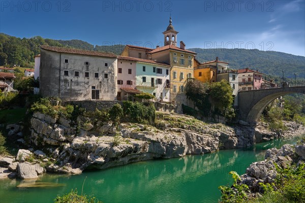 Canal ob Soci, picturesque village on the Soca river, trough gorge, on the right the canal bridge over the Soca river, central Soska valley, Primorska region, Slovenia, Europe