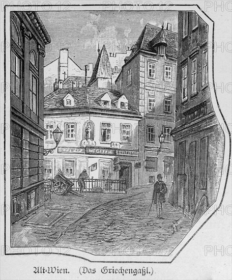 Griechengassl in Vienna, alley, alleyway, building, walker, shops, cash registers, Austria, historical illustration 1890, Europe
