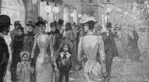 On the Ringstrasse in Vienna, street scene at night, many people, elegant clothes, children, lanterns, lighting, Austria, historical illustration 1890, Europe