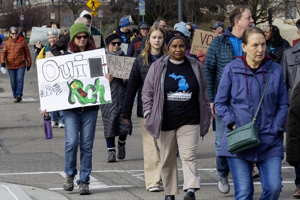 Lansing, Michigan USA, 2 March 2024, The Poor Peoples Campaign organized a march and rally at the Michigan State Capitol, part of a coordinated day of action in 32 states. Among the group's demands were a living wage, affordable healthcare, fully-funded public education, and clean air and water