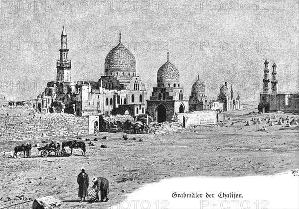 Tombs of the Caliphs, Cairo, Egypt, mosque, dome, minaret, carriage, horses, Africa, historical illustration 1890, Africa