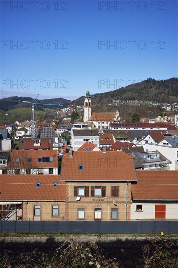 Waldkirch Kollnau railway station and view of Waldkirch, Emmendingen district, Baden-Wuerttemberg, Germany, Europe