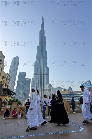 Burj Khalifa, Lake Burj Khalifa. At 828 metres, the Burj Khalifa in Dubai is the tallest building in the world. Dubai, United Arab Emirates, Asia