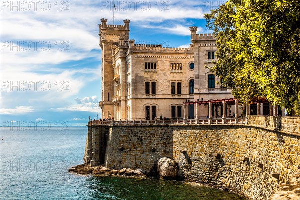 Miramare Castle in white limestone with a marvellous view of the Gulf of Trieste, 1870, residence of Maximilian of Habsburg-Lorraine and Austria, princely living culture in the second half of the 19th century, Friuli, Italy, Trieste, Friuli, Italy, Europe
