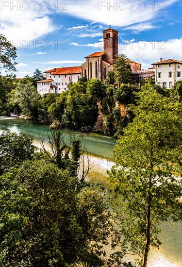 View from the 15th century Ponte del Diavolo leading over the Natisone river into the historic centre, Devil's Bridge, Cividale del Friuli, city with historical treasures, UNESCO World Heritage Site, Friuli, Italy, Cividale del Friuli, Friuli, Italy, Europe