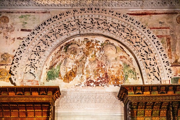 Wooden choir of the Tempietto Lombardo with medieval, Byzantine-influenced stucco decorations, Monastery of Santa Maria in Valle, Tempietto longobardo, 8th century, Cividale del Friuli, city with historical treasures, UNESCO World Heritage Site, Friuli, Italy, Cividale del Friuli, Friuli, Italy, Europe