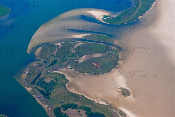 Aerial view, peninsula, Grosser Werder, nature reserve, Vorpommersche Boddenlandschaft National Park. Wind tidal flats, silting, sea, Baltic Sea, Zingst, Mecklenburg-Western Pomerania, Germany, Europe