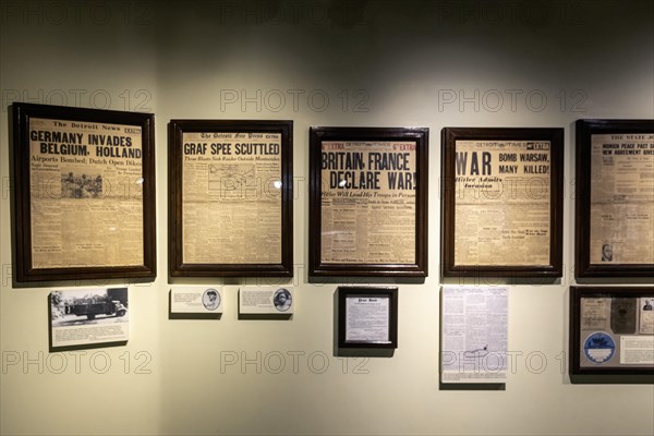 Lansing, Michigan, The Michigan History Museum. Michigan newspapers are displayed with headlines from World War II