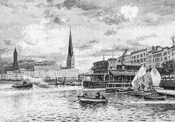 Inner Alster Lake with Jungfernstieg and restaurant, Alsterpavillon, restaurant, shore, excursion, tourist, boat hire, sailing boat, steamboat, rowing boat, facades, church tower, Hamburg, Germany, 1880, Europe