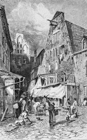 Butcher's alley in Rostock, Mecklenburg-Western Pomerania, profession butcher, alley, decay, sale, meat, stall, people, Baltic Sea, Germany, historical illustration 1880, Europe