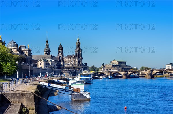 View of the historic old town ensemble on the Terrassenufer in Dresden, Saxony, Germany, Europe