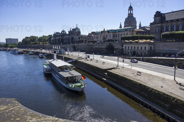 The passenger steamer DRESDEN at the landing stage on the Terrassenufer at the Bruehlsche Terrasse with the Church of Our Lady in the background, Inner Old Town, Dresden, Saxony, Germany, Europe