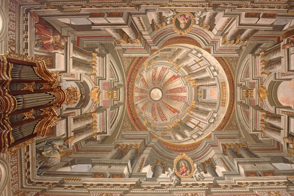 Organ and ceiling fresco by Giovanni Francesco Marchini 1729, baroque, interior view, mock architecture, mock painting, ceiling painting, arts and crafts, painting, view from below, Mauritiuskirche, Wiesentheid, Lower Franconia, Franconia, Bavaria, Germany, Europe