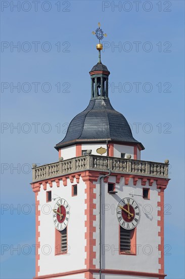 Tower of St Nicholas' Church built 15th century, church tower, St Nicholas' Church, Marktbreit, Lower Franconia, Franconia, Bavaria, Germany, Europe