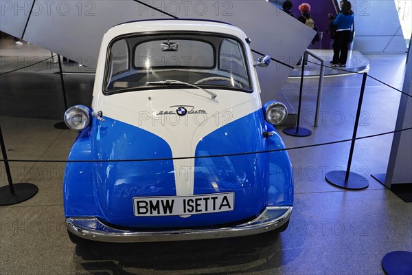 A blue and white BMW Isetta, classic car model in nostalgic design, BMW WELT, Munich, Germany, Europe