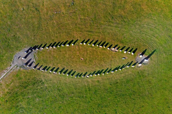 Aerial view over Ale's Stones, Ales stenar, megalithic stone oval monument representing stone ship near Kaseberga, Skane, Sweden, Europe