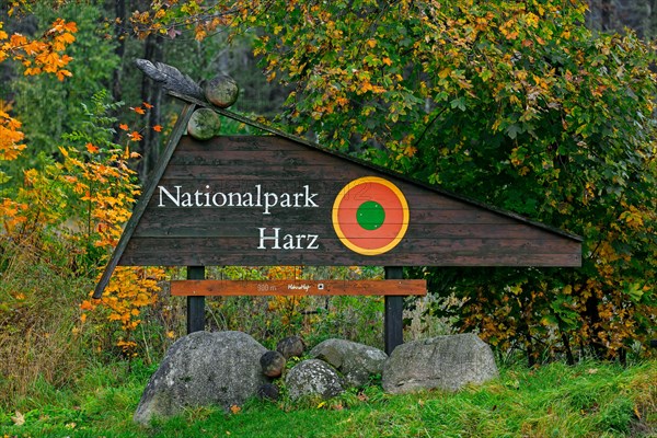Wooden welcome sign in the Harz National Park, German nature reserve in Lower Saxony and Saxony-Anhalt, Germany, Europe