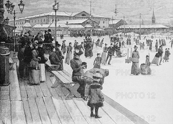 The ice skating club, Vienna, many people, ice skates, pleasure, ice rink, outdoors, spectators, Austria, historical illustration 1890, Europe