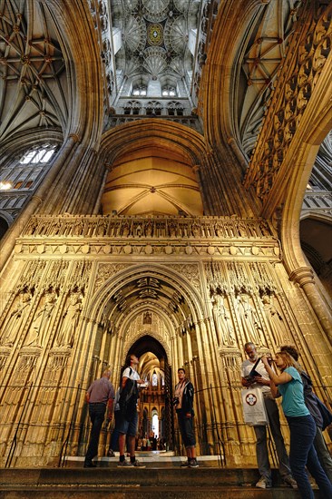 View upwards into the Bell Harry church tower, Romanesque and Gothic, Canterbury Cathedral, The Cathedral of Christ Church, interior view, Canterbury, Kent, England, Great Britain